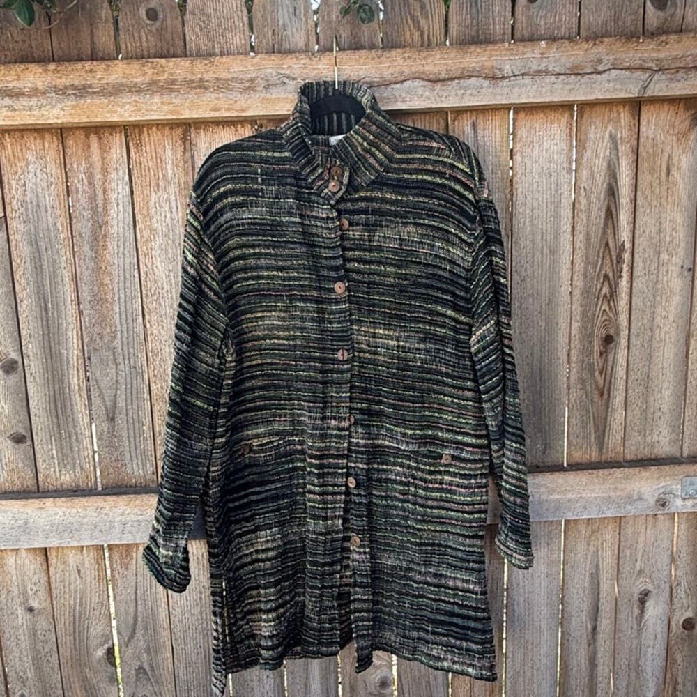 YASUKO KURISAKA Large nubby green peach black JACKET 100% Cotton Lagenlook